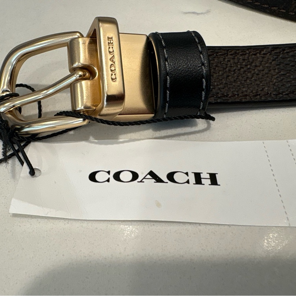 COACH Brown Signature Canvas Belt with Gold Buckle and Black Leather Trim